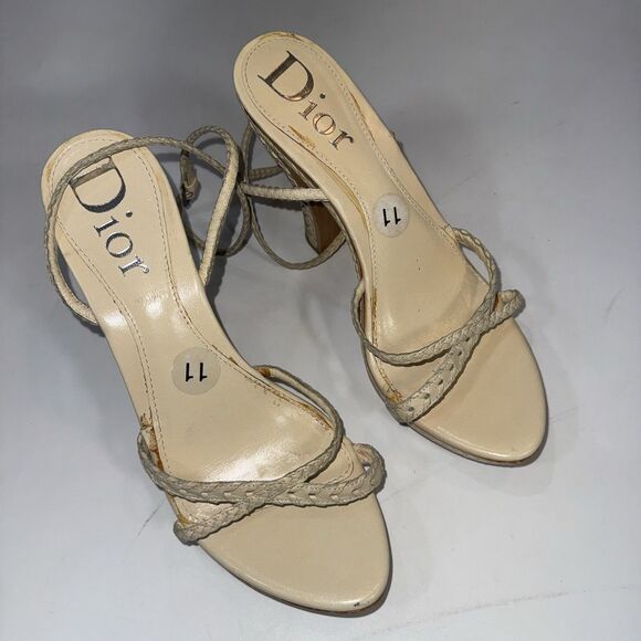 Dior Tan Leather Ankle Wrap Braided Sandals Wood Platform Women Size 11/ EUR 41 - Picture 2 of 10